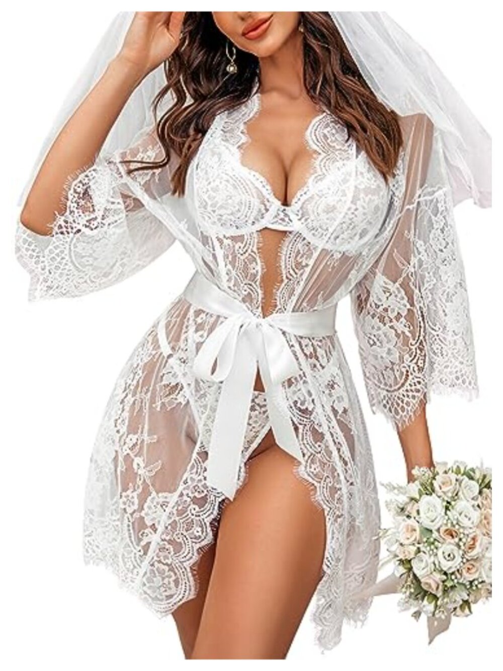 Lace Chemise Set Pleated Mini Skirt Sheer Robe G-String Belt Sleepwear